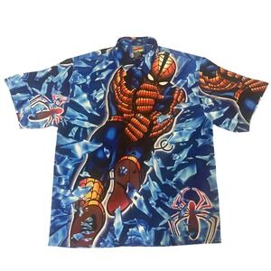 Vintage 2001 Marvel Comics Spider-Man Button Down Shirt XL Blue Shattered Glass